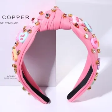 NVENF Valentine’s Day Headband for Women Love Heart Headband Jeweled Crystal Rhinestone Knotted Headband Red Pink Wide Top Knot Headband Valentine’s Day Hair Accessories Gifts (Letter 1 - Pink)
