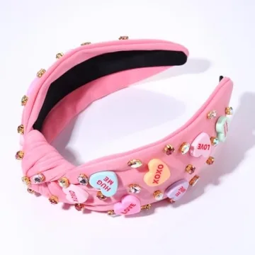 NVENF Valentine’s Day Headband for Women Love Heart Headband Jeweled Crystal Rhinestone Knotted Headband Red Pink Wide Top Knot Headband Valentine’s Day Hair Accessories Gifts (Letter 1 - Pink)