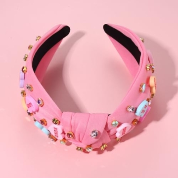 NVENF Valentine’s Day Headband for Women Love Heart Headband Jeweled Crystal Rhinestone Knotted Headband Red Pink Wide Top Knot Headband Valentine’s Day Hair Accessories Gifts (Letter 1 - Pink)