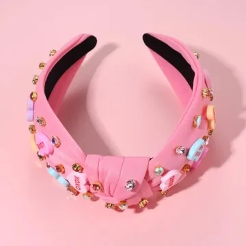 NVENF Valentine’s Day Headband for Women Love Heart Headband Jeweled Crystal Rhinestone Knotted Headband Red Pink Wide Top Knot Headband Valentine’s Day Hair Accessories Gifts (Letter 1 - Pink)
