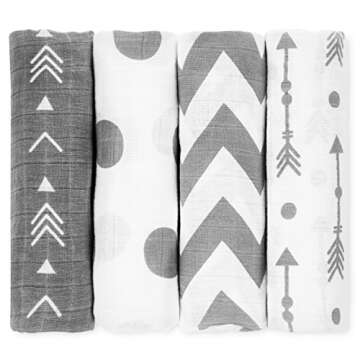 Momo Bebe Muslin Baby Swaddle Blankets - 4 Pack Large 47x47 inch Cotton Swaddles - White Grey Chevron Polka Dot Arrow - Soft Breathable Comfortable Durable - Nursery Shower Gift Set Unisex Neutral