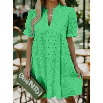 Flamingals Eyelet Dress for Women Embroidery Ruffle Hem Knee Length Casual Dress Green M