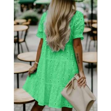 Flamingals Eyelet Dress for Women Embroidery Ruffle Hem Knee Length Casual Dress Green M