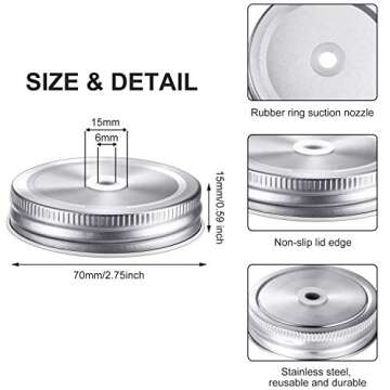 Mudder 8 Pieces Metal Regular Mouth Mason Canning Jar Lids with Straw Hole Leak Proof Reusable Jar, ...