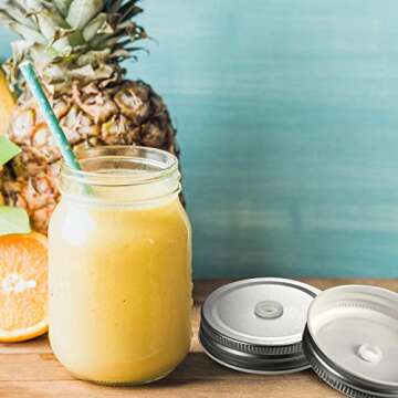 Mudder 8 Pieces Metal Regular Mouth Mason Canning Jar Lids with Straw Hole Leak Proof Reusable Jar, 2.7 Inch (Silver)