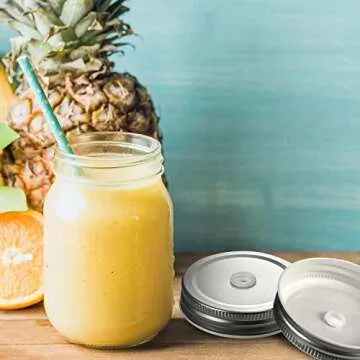 Mudder 8 Pieces Metal Regular Mouth Mason Canning Jar Lids with Straw Hole Leak Proof Reusable Jar, 2.7 Inch (Silver)