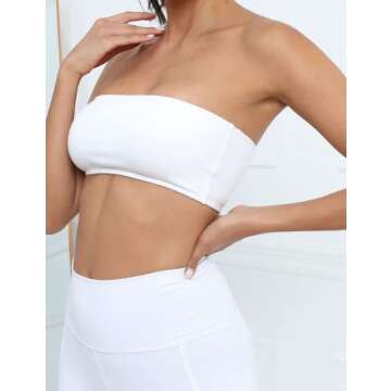 MISSACTIVER Women's Padded Strapless Bandeau Sport Bra Solid Sleeveless Wireless Support Bralette Crop Tube Top Yoga Fitness White