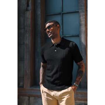 PJ PAUL JONES Mens Fashion Knit Shirts Short Sleeve Hollow Out Knit Polo Casual Breathable Polo Shirts Black
