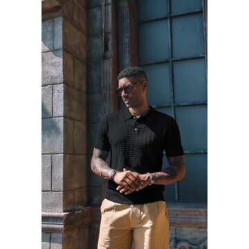 PJ PAUL JONES Mens Fashion Knit Shirts Short Sleeve Hollow Out Knit Polo Casual Breathable Polo Shirts Black