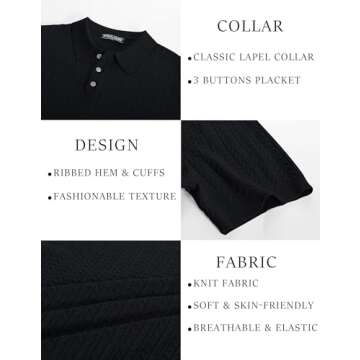PJ PAUL JONES Mens Fashion Knit Shirts Short Sleeve Hollow Out Knit Polo Casual Breathable Polo Shirts Black