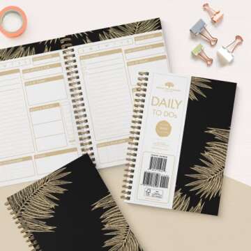 Undated To Do List by Bright Day Daily Task Checklist daily planner to do list notebook Non Dated Flex Cover Spiral Organizer Habit Tracker 8.25 x 6.25, Gold Palm Leaves