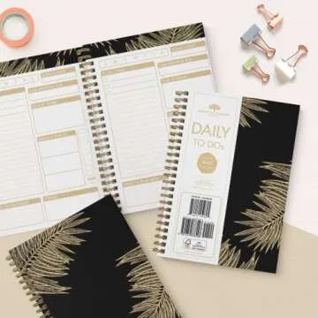 Undated To Do List by Bright Day Daily Task Checklist daily planner to do list notebook Non Dated Flex Cover Spiral Organizer Habit Tracker 8.25 x 6.25, Gold Palm Leaves