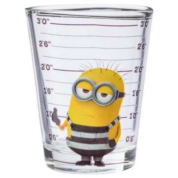 Silver Buffalo Minions Despicable Me Mug Shot Featuring Bob, Stuart, Tim, and Dave 4 Pack Mini Glass Set, 1.5 Ounces