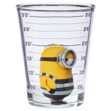 Silver Buffalo Minions Despicable Me Mug Shot Featuring Bob, Stuart, Tim, and Dave 4 Pack Mini Glass Set, 1.5 Ounces