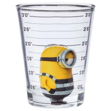 Silver Buffalo Minions Despicable Me Mug Shot Featuring Bob, Stuart, Tim, and Dave 4 Pack Mini Glass Set, 1.5 Ounces