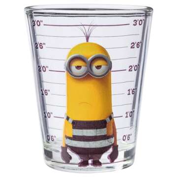 Silver Buffalo Minions Despicable Me Mug Shot Featuring Bob, Stuart, Tim, and Dave 4 Pack Mini Glass Set, 1.5 Ounces