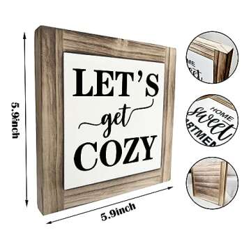 Inspirational Wood Signs, Box Wood Plaques Desk Décor, Farmhouse Home Decor Sign for Shelf, Family Table Decor for Kitchen Bedroom Dining Room, Living Room Decor, Housewarming Gift, Let's Get Cozy