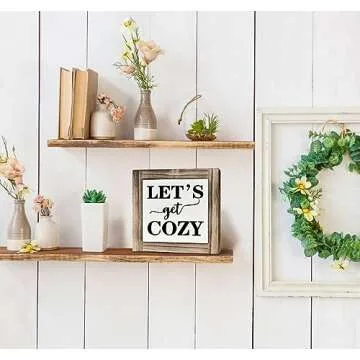 Inspirational Wood Signs, Box Wood Plaques Desk Décor, Farmhouse Home Decor Sign for Shelf, Family Table Decor for Kitchen Bedroom Dining Room, Living Room Decor, Housewarming Gift, Let's Get Cozy