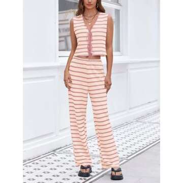 Tankaneo Womens Crochet Sets 2 Piece Outfits Tie Front Sleeveless Vest Tops Wide Leg Pants Striped Knit Y2K Matching Sets Pink