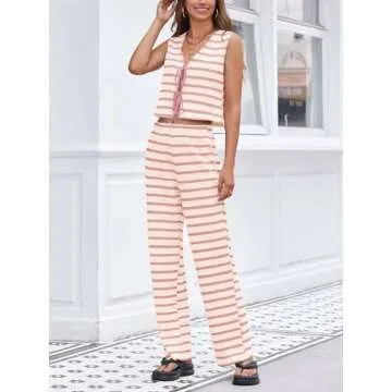 Tankaneo Womens Crochet Sets 2 Piece Outfits Tie Front Sleeveless Vest Tops Wide Leg Pants Striped Knit Y2K Matching Sets Pink