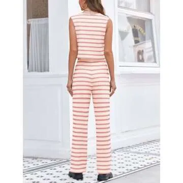 Tankaneo Womens Crochet Sets 2 Piece Outfits Tie Front Sleeveless Vest Tops Wide Leg Pants Striped Knit Y2K Matching Sets Pink