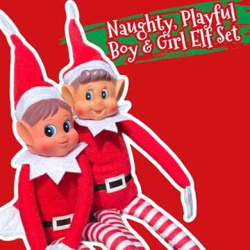 GLOW Wholesale Elfie (Boy) and Elvie (Girl) Set Fun and Playful Elves Behavin' Badly Figure with Soft Body and Vinyl Face-Set of 2, Red
