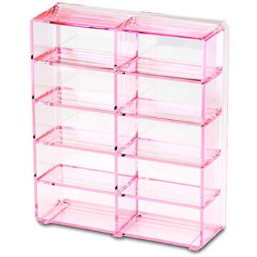 byAlegory Acrylic Compact Makeup Organizer Designed For Larger Compacts 10 Space Side by Side Storage Designed To Stand Or Lay Flat - Pink Clear