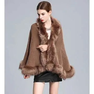 Caracilia Women Bridal Faux Fur Shawl Wraps Cloak Coat Sweater ,Khaki2,One Size