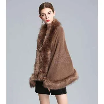 Caracilia Women Bridal Faux Fur Shawl Wraps Cloak Coat Sweater ,Khaki2,One Size
