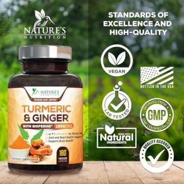 Turmeric Curcumin Supplement 1950mg with Organic Turmeric & Ginger, 95% Curcuminoids, BioPerine Black Pepper for Best Absorption, Nature's Vegan Joint Support, Non-GMO, Bottled in USA - 180 Capsules