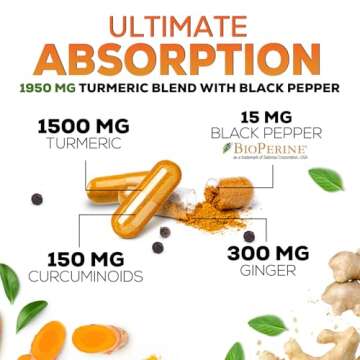 Turmeric Curcumin Supplement 1950mg with Organic Turmeric & Ginger, 95% Curcuminoids, BioPerine Black Pepper for Best Absorption, Nature's Vegan Joint Support, Non-GMO, Bottled in USA - 180 Capsules