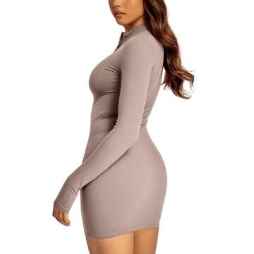 REORIA Womens Fall Casual Sexy Front Zipper Long Sleeve Short Dress Athleisure Trendy Bodycon Mini D...
