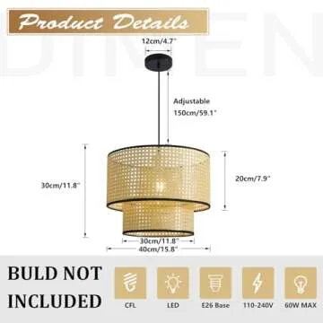 Magiroz Hand Woven Pendant Lights Modern Farmhouse Boho Chandelier Light Fixture Large Rattan Pendan...