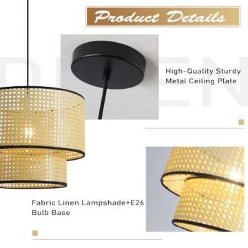 Magiroz Hand Woven Pendant Lights Modern Farmhouse Boho Chandelier Light Fixture Large Rattan Pendant Lights Kitchen Island Coastal Hanging Pendant Lighting for Bedroom Dining Living Room MPL09-BG