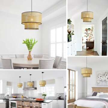 Magiroz Hand Woven Pendant Lights Modern Farmhouse Boho Chandelier Light Fixture Large Rattan Pendant Lights Kitchen Island Coastal Hanging Pendant Lighting for Bedroom Dining Living Room MPL09-BG