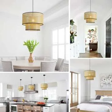 Magiroz Hand Woven Pendant Lights Modern Farmhouse Boho Chandelier Light Fixture Large Rattan Pendant Lights Kitchen Island Coastal Hanging Pendant Lighting for Bedroom Dining Living Room MPL09-BG