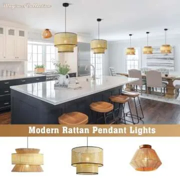 Magiroz Hand Woven Pendant Lights Modern Farmhouse Boho Chandelier Light Fixture Large Rattan Pendant Lights Kitchen Island Coastal Hanging Pendant Lighting for Bedroom Dining Living Room MPL09-BG