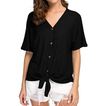 IWOLLENCE Womens Waffle Knit Tunic Blouse Tie Knot Short Sleeve Henley Tops Loose Fitting Bat Wing S...