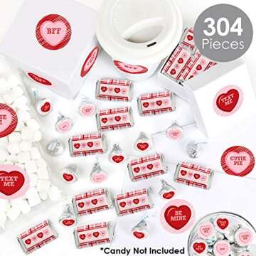 Big Dot of Happiness Conversation Hearts - Mini Candy Bar Wrappers, Round Candy Stickers and Circle Stickers - Valentine’s Day Party Candy Favor Sticker Kit - 304 Pieces