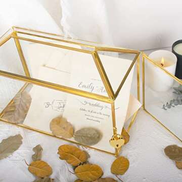 REDHUGO 12.6x5.9x9 inches Large Glass Card Box Handmade with Slot and Lock, Wedding Card Boxes for Reception, Graduation, Gift Cards, Party, Brass Geometric Terrarium, Golden Decorative Box