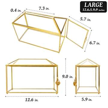 REDHUGO 12.6x5.9x9 inches Large Glass Card Box Handmade with Slot and Lock, Wedding Card Boxes for Reception, Graduation, Gift Cards, Party, Brass Geometric Terrarium, Golden Decorative Box