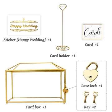 REDHUGO 12.6x5.9x9 inches Large Glass Card Box Handmade with Slot and Lock, Wedding Card Boxes for Reception, Graduation, Gift Cards, Party, Brass Geometric Terrarium, Golden Decorative Box