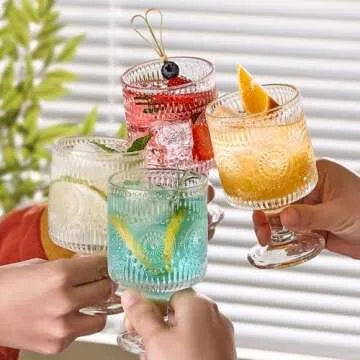 6 Packs Vintage Goblet Glasses, 8 oz Wine Glasses, Embossed Floral Glass Cups Set, Clear Drink Glasses, Drinking Goblets, Bar Tumbler Glassware for Iced Tea, Wine, Beer, Juice, Cocktail, Whiskey