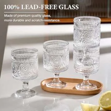 6 Packs Vintage Goblet Glasses, 8 oz Wine Glasses, Embossed Floral Glass Cups Set, Clear Drink Glasses, Drinking Goblets, Bar Tumbler Glassware for Iced Tea, Wine, Beer, Juice, Cocktail, Whiskey
