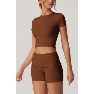 QINSEN 2 Piece Outfits for Women Bodycon Lounge Set Short Sleeve T Shirts Fold Over Shorts Brown M