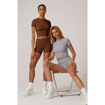 QINSEN 2 Piece Outfits for Women Bodycon Lounge Set Short Sleeve T Shirts Fold Over Shorts Brown M