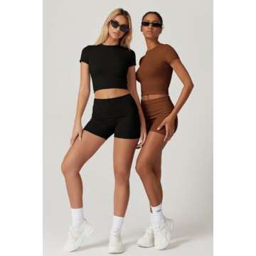 QINSEN 2 Piece Outfits for Women Bodycon Lounge Set Short Sleeve T Shirts Fold Over Shorts Brown M