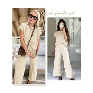 Aedceal Women's Sweater Set 2 Piece Lounge Set Knit Pullover Tops Vest High Waisted Pants Outfits(Beige-XS)