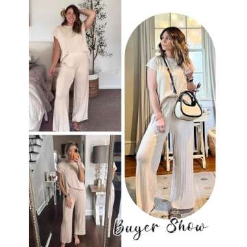 Aedceal Women's Sweater Set 2 Piece Lounge Set Knit Pullover Tops Vest High Waisted Pants Outfits(Beige-XS)