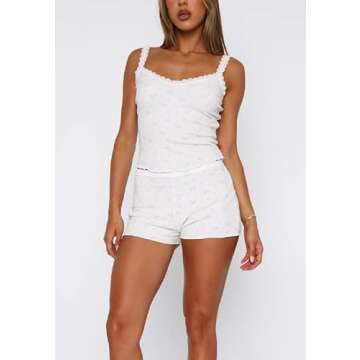 Seyurigaoka Women Y2k 2 Piece Lace Shorts Set Sleeveless V Neck Cami Top with Shorts Pajamas Sets Sleepwear(lace strap blue floral,Small)